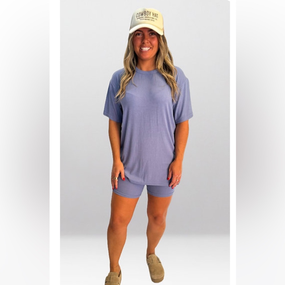 Blue ribbed matching short set